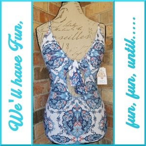 Blue, white and tangerine Becca tankini.